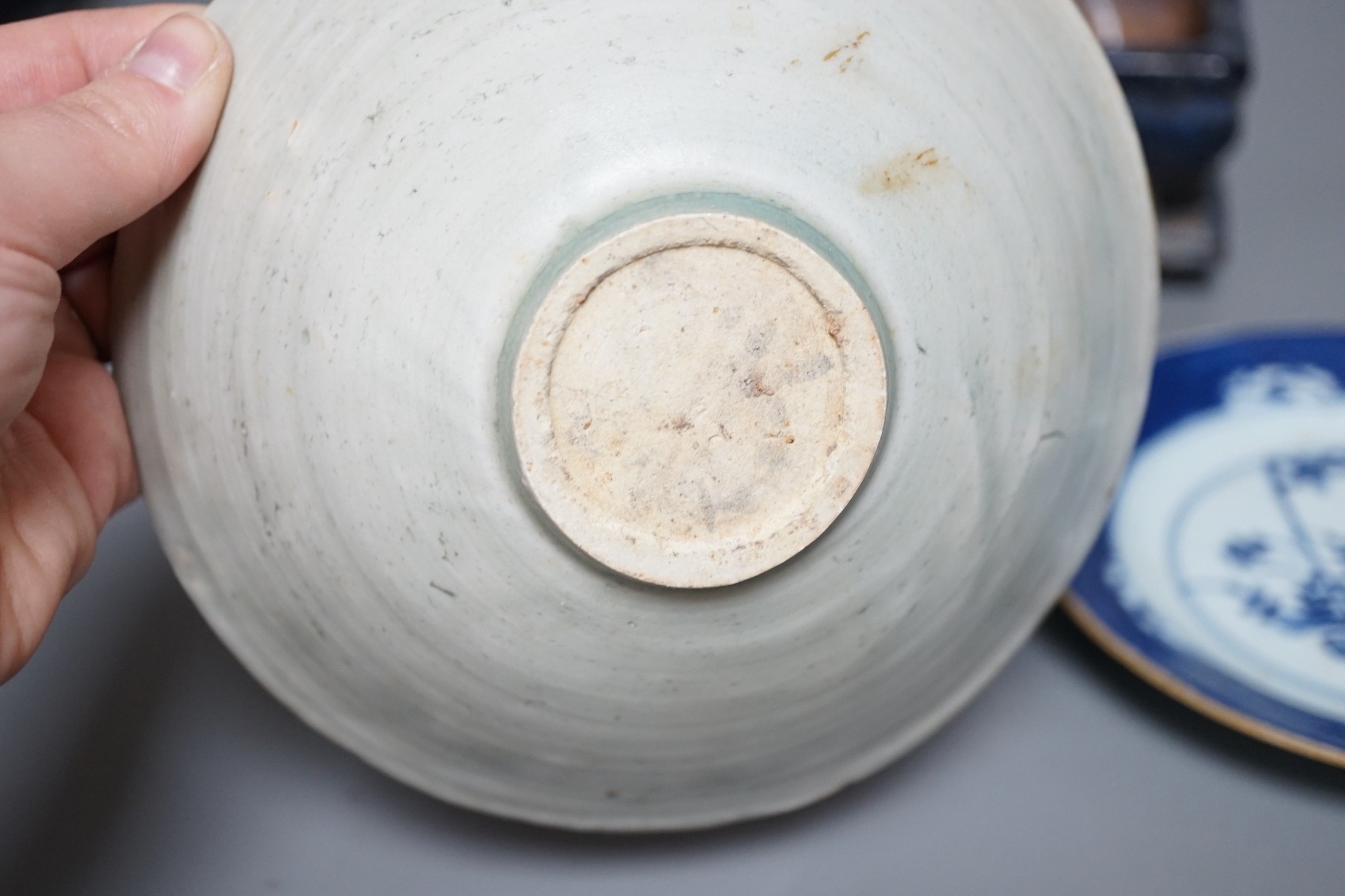 A Chinese blue and white plate a pottery planter and stand and a Qingbai type bowl, bowl 16.5cms diameter